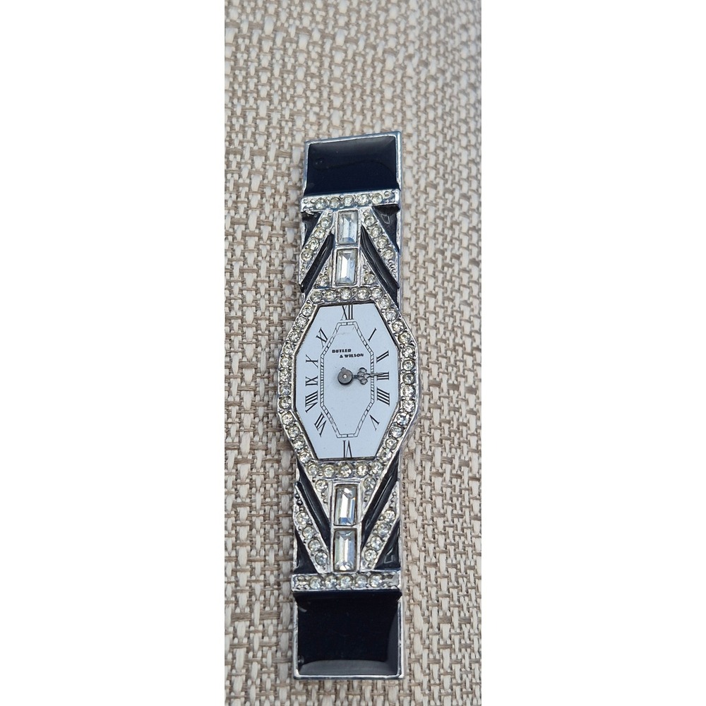 Vtg Butler Wilson Sign Faux Watch Brooch Blk Enamel Rhinestone Art Deco Pin Rare
